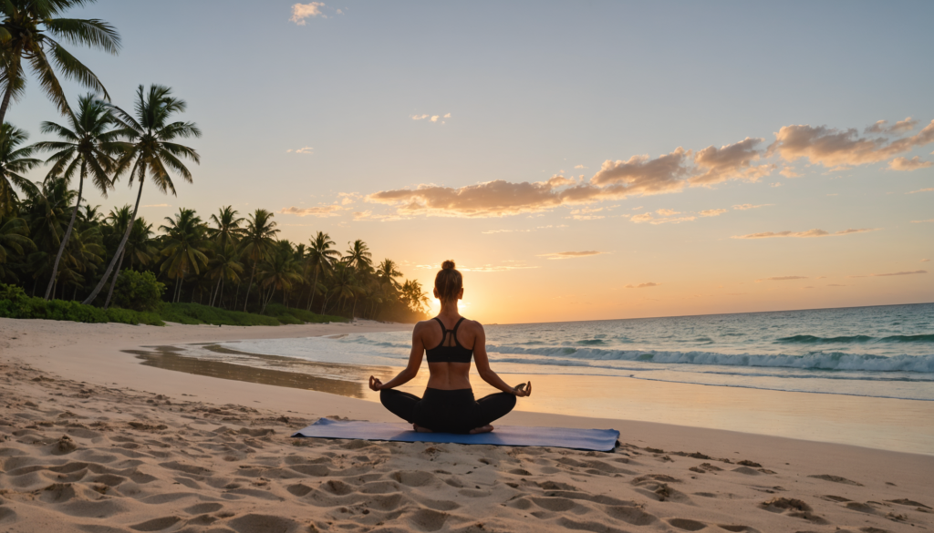 commencez votre journée avec une séance de yoga du matin sur la plage en république dominicaine. profitez d’un souffle apaisant, entre mer turquoise et sable doré, pour un moment de bien-être et de détente unique.