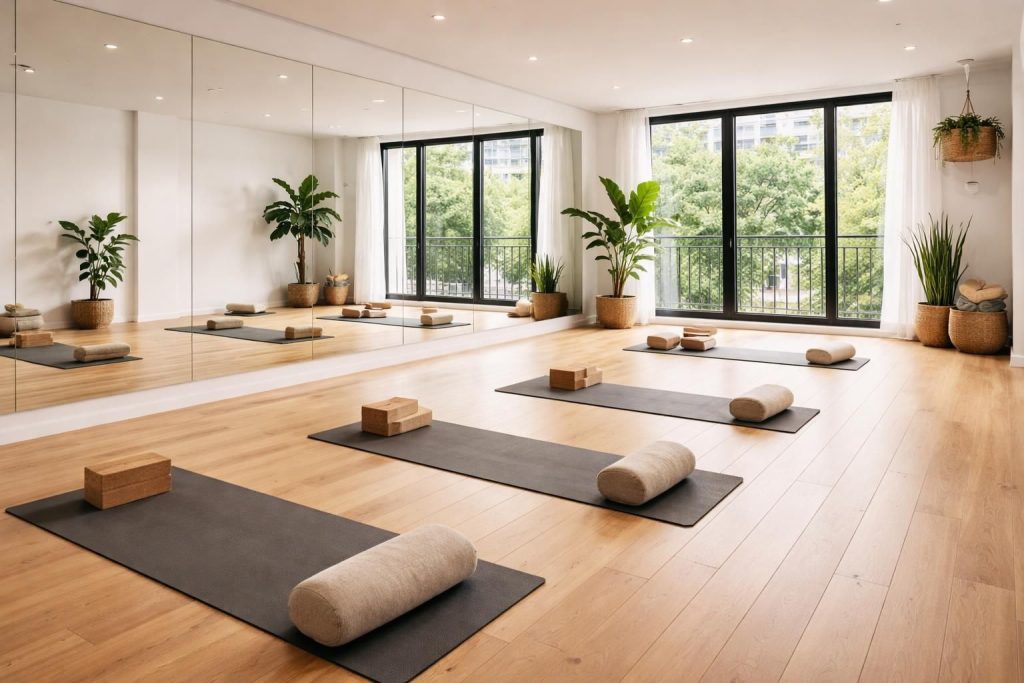 découvrez comment aménager un studio de yoga à montréal en utilisant des miroirs muraux pour agrandir l'espace et des sols en bois naturel pour une ambiance chaleureuse et apaisante.