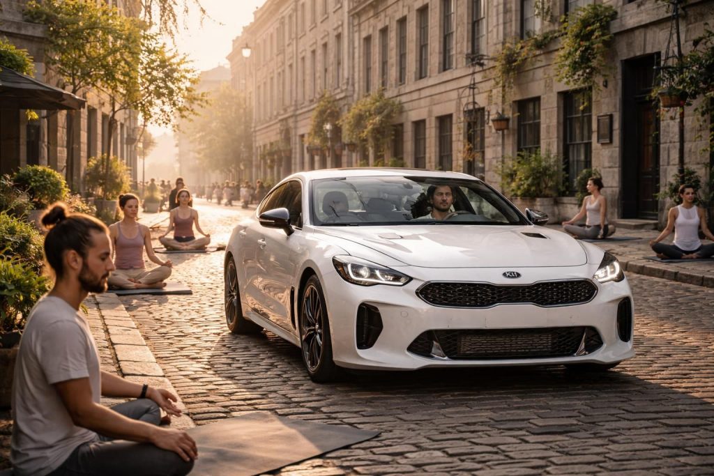 profitez d'un transport serein pour vos séances de yoga et méditation à vieux-montréal avec nos chauffeurs zen, à bord de la confortable kia stinger gt.